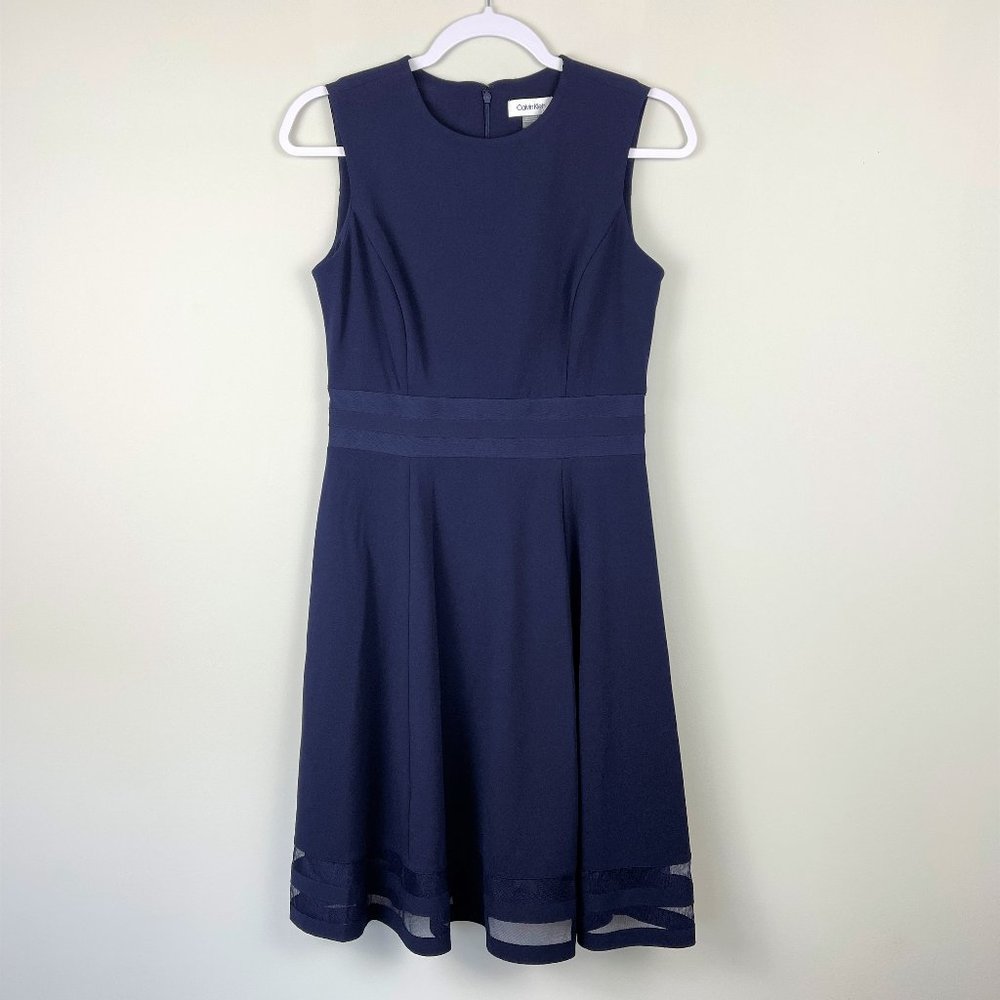 NEW Calvin Klein Yolanda Mesh Inset Dress, Navy Blue Workwear, Women's Sz 4